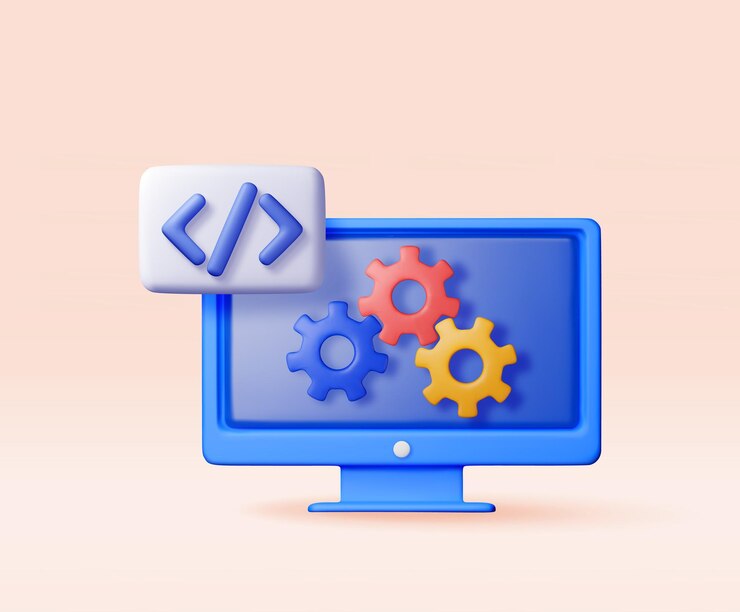 Vector icono de código 3d y rueda dentada de engranajes en la computadora