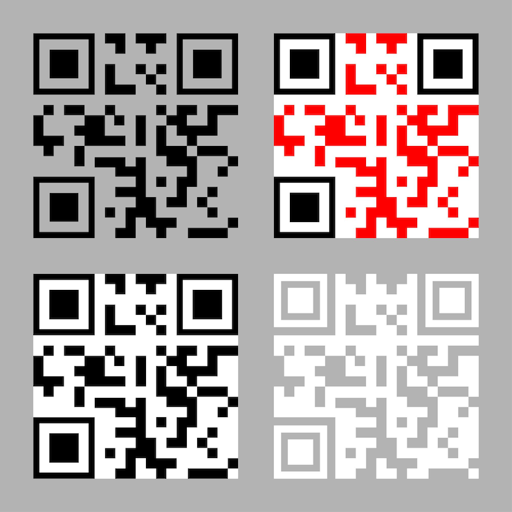 Vector icono de código qr. conjunto de símbolos qr-code. el concepto de codificación, matriz, comercio electrónico, software, acceso, marketing, escaneo. signos de códigos en color negro y rojo aislado sobre fondo gris. vector