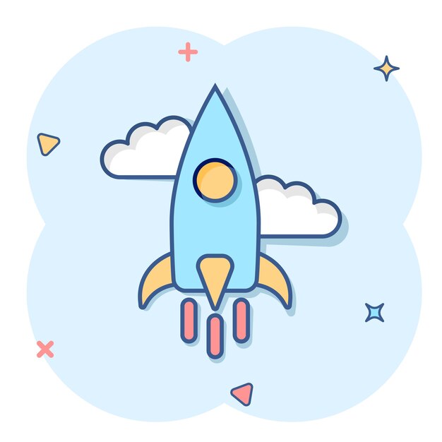 Icono de cohete en estilo cómico Lanzamiento de una nave espacial Ilustración vectorial de dibujos animados en fondo blanco aislado
