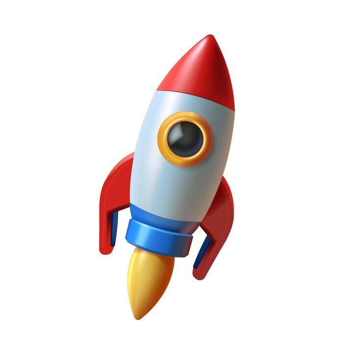 Vector icono de cohete de nave espacial minimalista en estilo de dibujos animados en 3d icon del cohete de juguete en ascenso arrojando humo concepto de negocio espacial de inicio