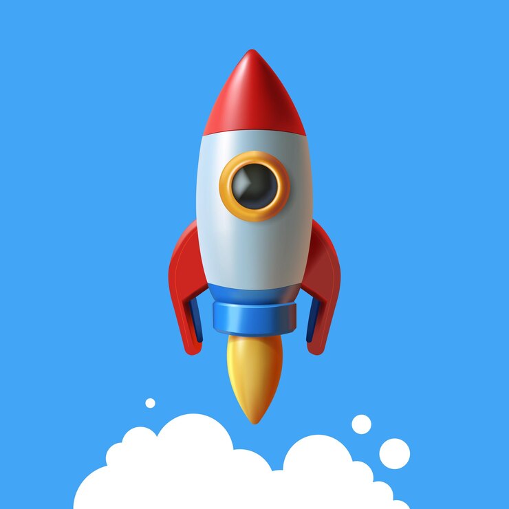 Vector icono de cohete de nave espacial minimalista en estilo de dibujos animados en 3d icon del cohete de juguete en ascenso arrojando humo concepto de negocio espacial de inicio