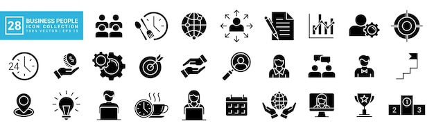Icono de colección de gente de negocios trabajo horas de trabajo trabajo en equipo ranking de éxito editable EPS 10