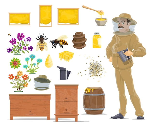 Icono de colmena y apicultor de panal de abeja de miel