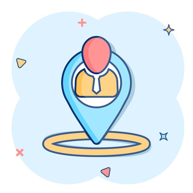 Icono de colocación en estilo cómico Personas pin vector ilustración de dibujos animados en fondo blanco aislado Concepto de negocio de navegación efecto de salpicaduras