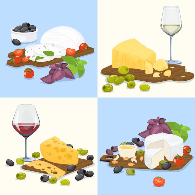 Vector icono de color plano de cuatro cuadrados de queso mozzarella en una tabla de cortar trozo de queso con aceitunas de vino e ilustración de vectores de frutas