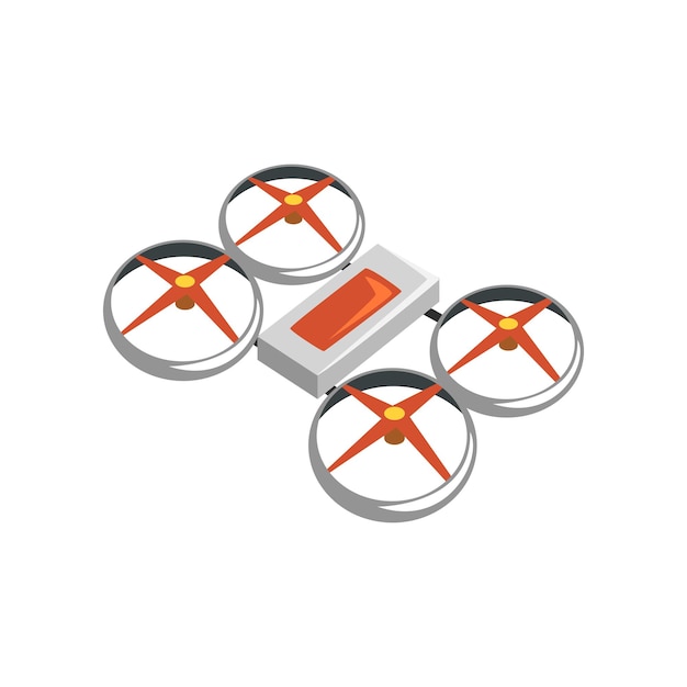 Icono colorido de quadrocopter o quadrotor volador. Vehículo aéreo no tripulado. Tema de la tecnología moderna. Diseño para tienda de electrónica o servicio de reparación. Ilustración de vector plano de dibujos animados aislado en blanco.