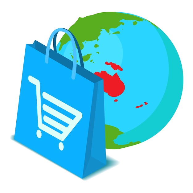 Icono de comercio global vector isométrico Bolsa de compras en el fondo del planeta Tierra Entrega mundial negocio de comercio electrónico logístico mundial