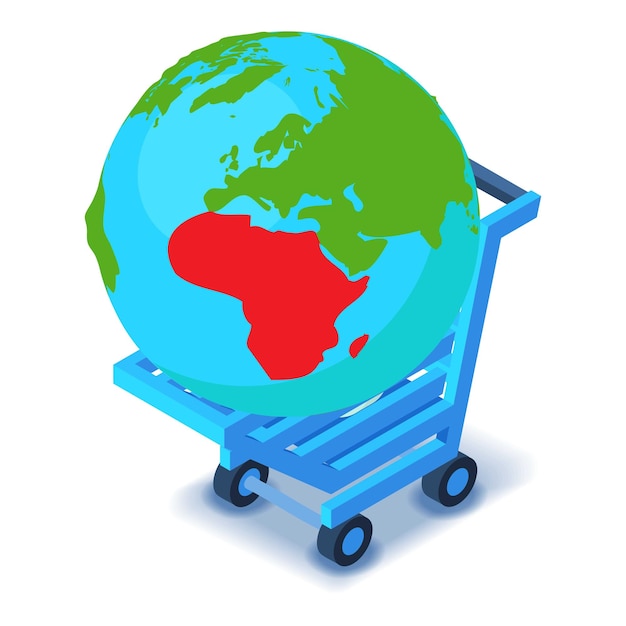 Icono de comercio global vector isométrico Planeta Tierra globo en icono de carrito de compras Comercio internacional globalización de negocios de comercio electrónico