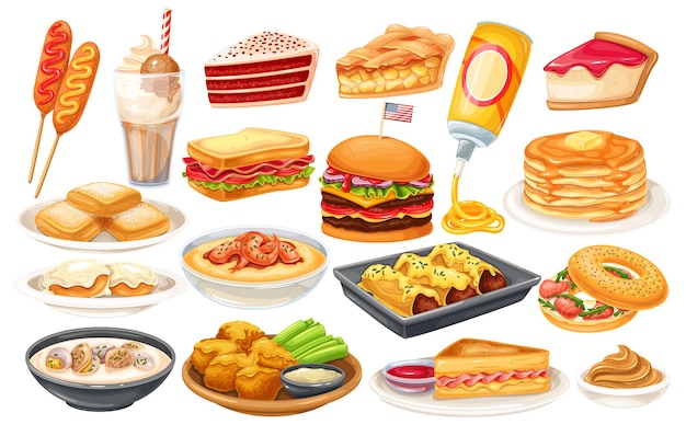 Icono de comida americana. Corn dog, sopa de almejas, galletas y salsa, tarta de manzana, blt, sándwich y alitas de búfalo. Pastel de terciopelo rojo, sémola, sándwich monte cristo, panqueques, arce, queso en aerosol