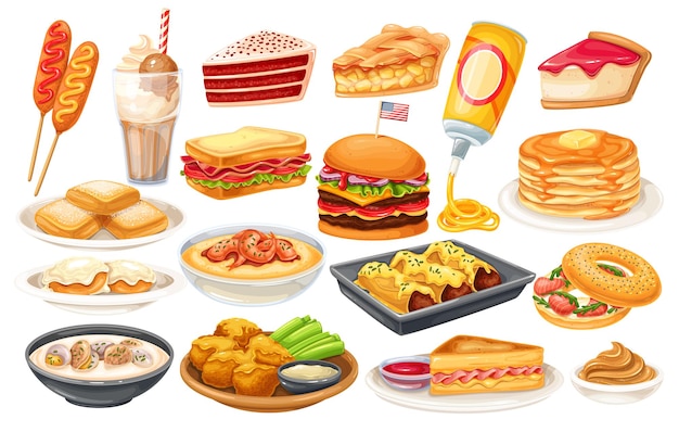 Vector icono de comida americana. corn dog, sopa de almejas, galletas y salsa, tarta de manzana, blt, sándwich y alitas de búfalo. pastel de terciopelo rojo, sémola, sándwich monte cristo, panqueques, arce, queso en aerosol