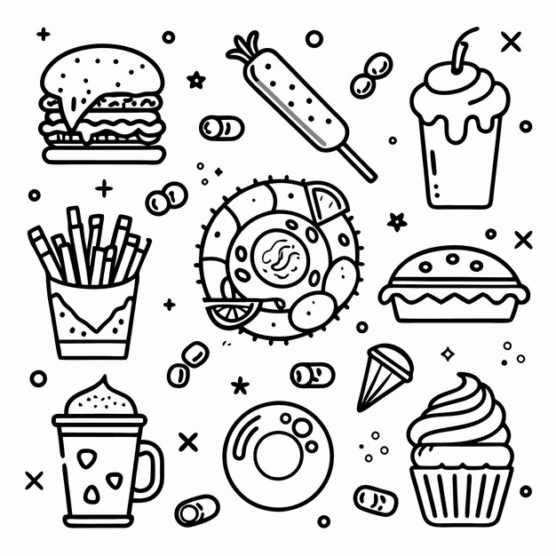 Icono de comida Doodle en blanco y negro con hamburguesas fritas, café y postre