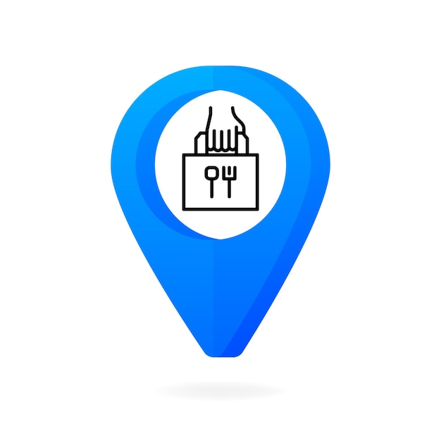 Icono de comida para llevar Punto del mapa Señal de bolsa de papel y mano Servicio de comida para tomar Ilustración vectorial