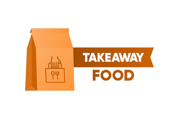 Ícono de comida para llevar Señal de bolsa de papel y mano Servicio de comida para tomar Ilustración vectorial