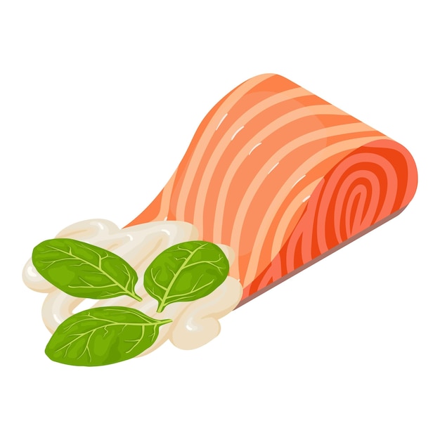 Icono de comida de mar vector isométrico trozo de pescado rojo tira de mayonesa e icono de espinacas concepto de comida nutrición saludable