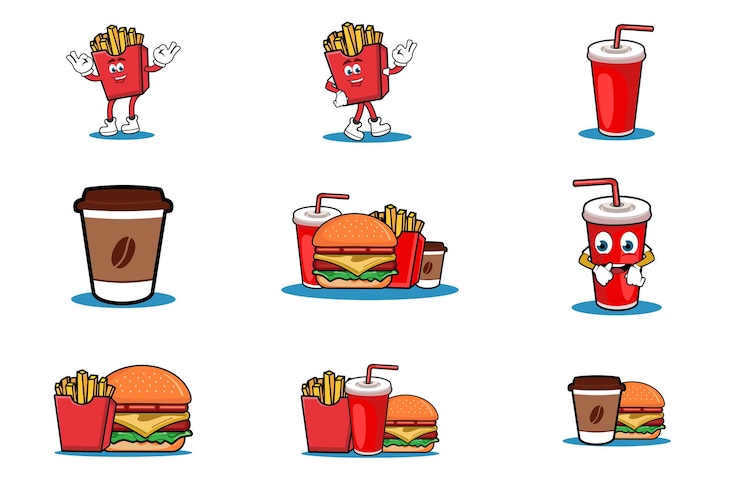 Vector el icono de la comida rápida se establece en la hamburguesa de queso símbolo de la señal de hamburguesa ilustración vectorial de comida rápida en un fondo blanco