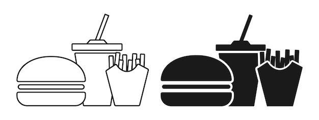 Icono de comida rápida Hamburguesa patata bebida gratuita Menú comida callejera Vector