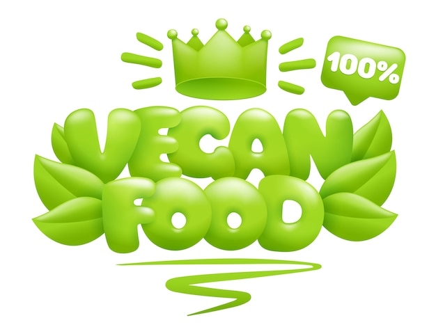 Vector icono de comida vegana con hojas verdes y corona. estilo de dibujos animados en 3d.