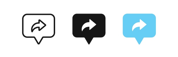Icono de compartir Símbolo de envío Señales de flecha hacia la derecha Símbolos de enlace Iconos de comentario Botón de mensaje Color azul negro Señal vectorial
