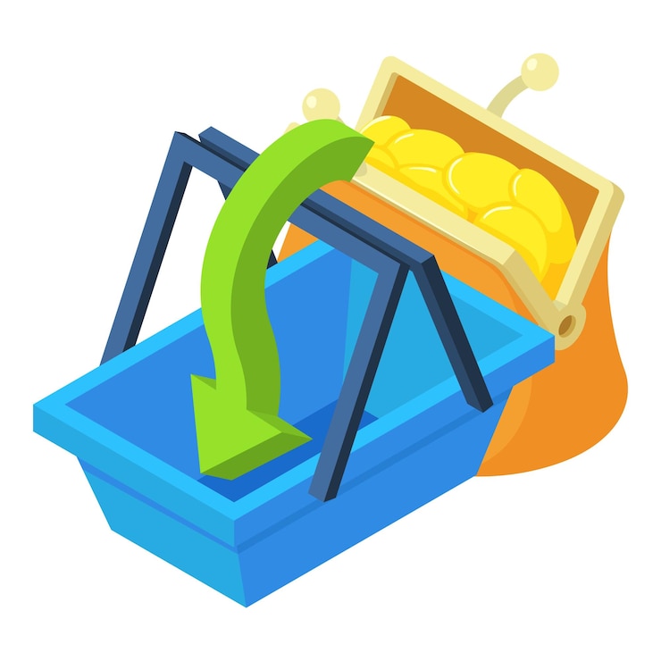 Vector icono de compra vector isométrico billetera retro con moneda de oro y canasta de compras concepto de compras de dinero financiero
