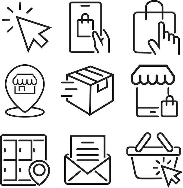 Icono de compras en línea compra símbolo de compras contorno estilo ilustración diseño vectorial