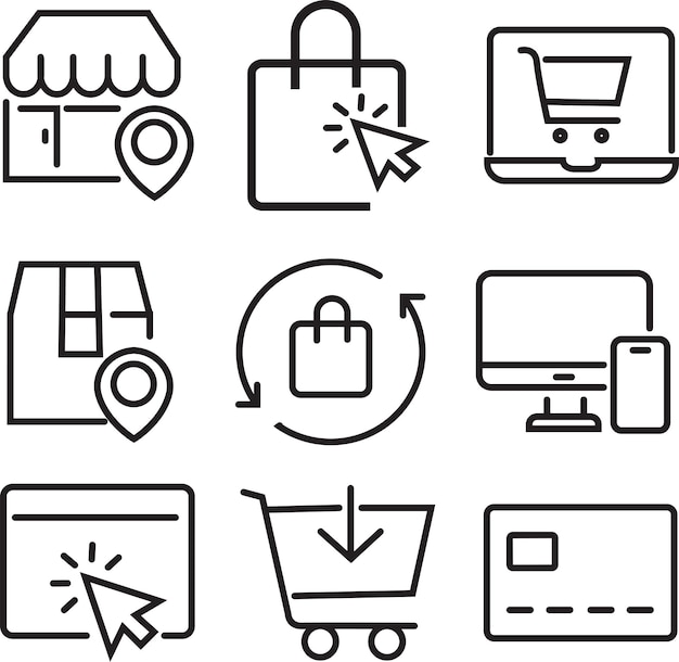 Icono de compras en línea compra símbolo de compras contorno estilo ilustración diseño vectorial