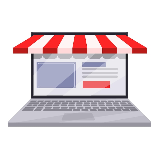 Icono de compras en línea de computadora portátil. Caricatura de un icono de vector de compras en línea de computadora portátil para diseño web aislado sobre fondo blanco