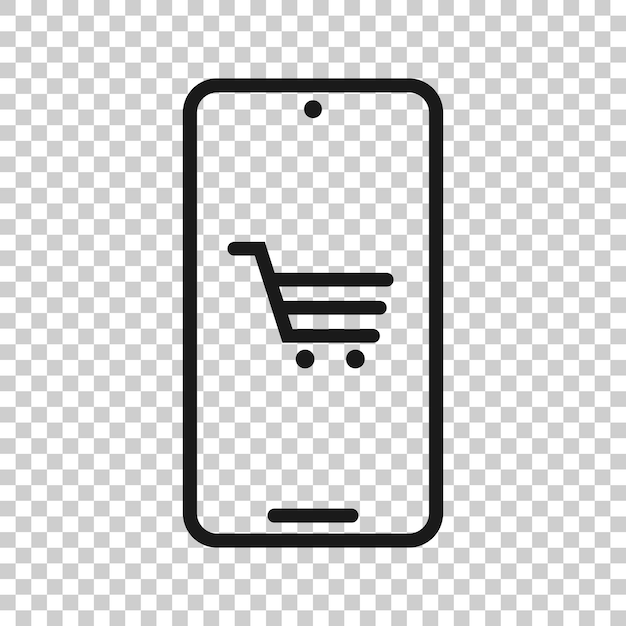 Ícono de compras en línea en estilo plano Ilustración vectorial de la tienda de teléfonos inteligentes en un fondo blanco aislado Concepto de negocio de mercado