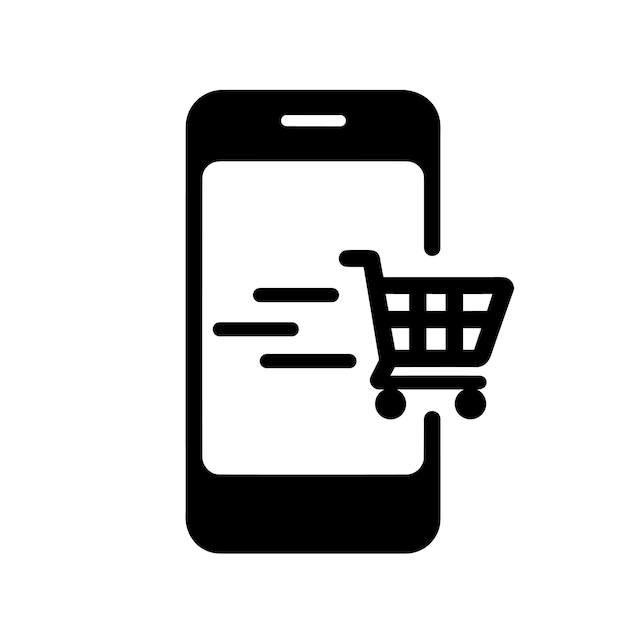 Icono de compras en línea Teléfono móvil negro simple con un icono de carrito de compras en la pantalla