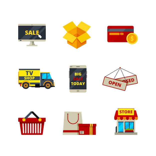 Icono de compras en línea. tienda web tarjetas de pago dinero tienda minorista comercio electrónico computadora símbolo ventas productos servicios vector imágenes planas