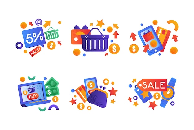 Icono de compras plano y colorido con etiqueta de venta de canasta bolso de teléfono inteligente y conjunto vectorial de portátil