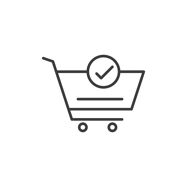 El icono de comprobación del carrito de compras establece el orden colocado el símbolo vectorial confirma la compra el botón compra de la canasta con el signo de marcación en negro lleno y estilo delineado