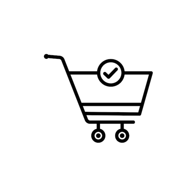El icono de comprobación del carrito de compras establece el orden colocado el símbolo vectorial confirma la compra el botón compra de la canasta con el signo de marcación en negro lleno y estilo delineado