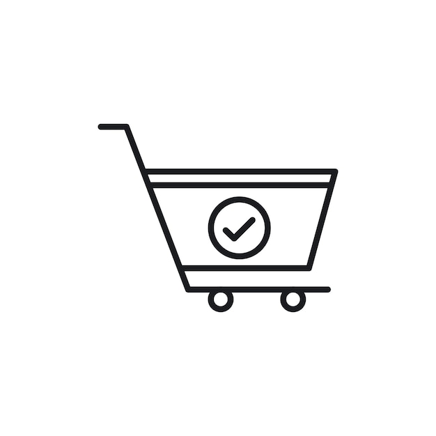 El icono de comprobación del carrito de compras establece el orden colocado el símbolo vectorial confirma la compra el botón compra de la canasta con el signo de marcación en negro lleno y estilo delineado