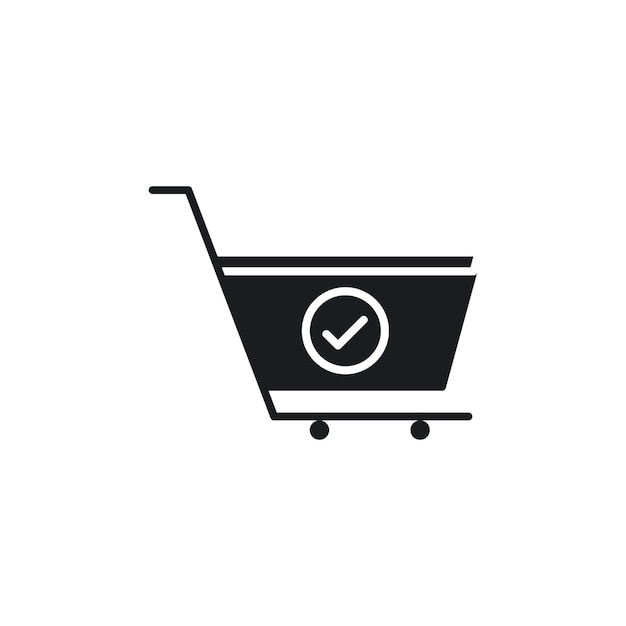 El icono de comprobación del carrito de compras establece el orden colocado el símbolo vectorial confirma la compra el botón compra de la canasta con el signo de marcación en negro lleno y estilo delineado
