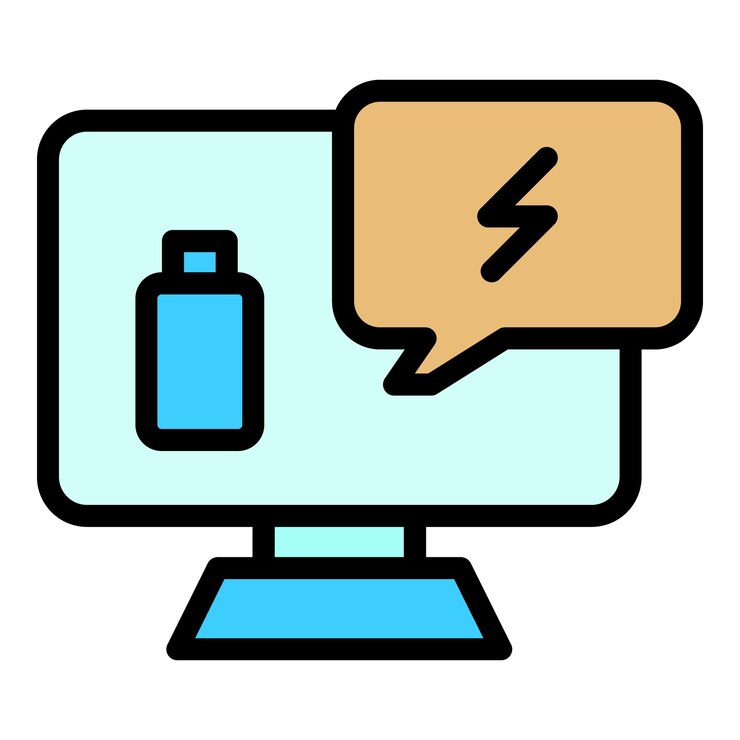 Vector icono de computadora de batería contorno icono de vector de computadora de batería para diseño web aislado en color de fondo blanco plano