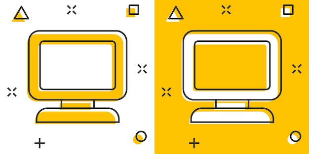 Icono de computadora de dibujos animados de vector en estilo cómico monitor muestra ilustración pictograma pc negocio efecto de salpicadura concepto