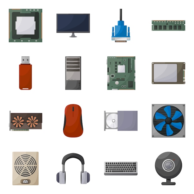 Icono de computadora y hardware de objeto aislado. establecer computadora y stock de componentes.