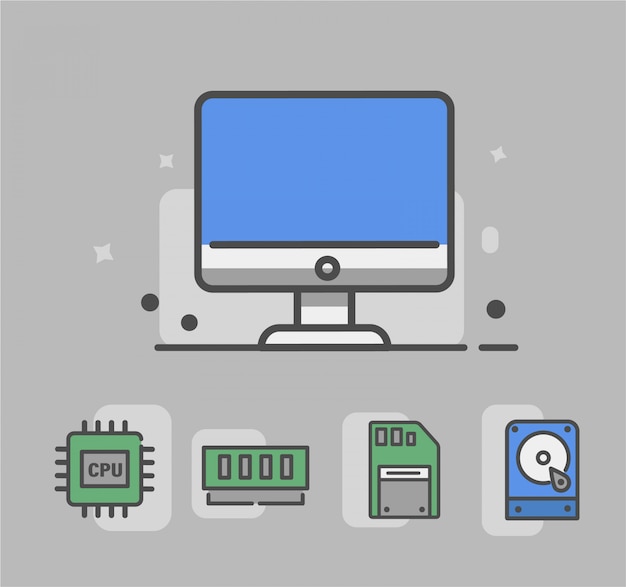 Icono de la computadora con el icono de hardware. Ícono de hardware a saber, CPU, ranura de memoria, memoria, disco duro