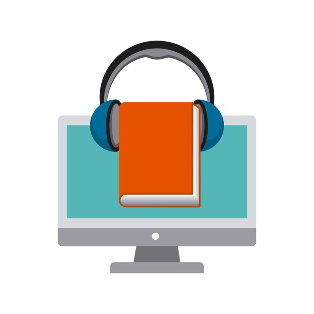 Vector icono de computadora, libro y auriculares. diseño de audiolibros. vector gra