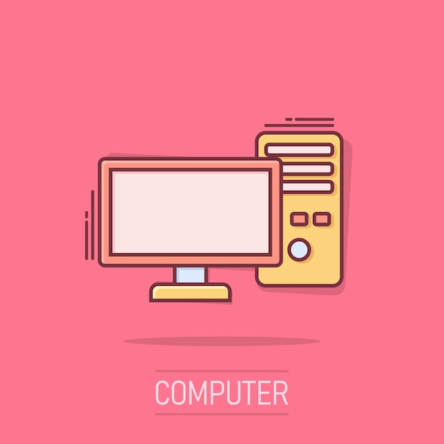 Icono de computadora PC en estilo cómic Ilustración de vector de dibujos animados de escritorio sobre fondo blanco aislado Concepto de negocio de efecto de salpicadura de monitor de dispositivo