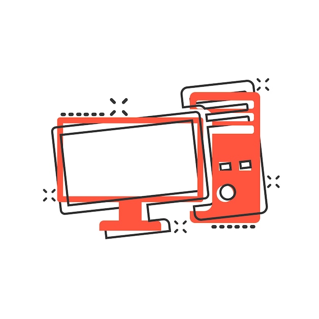 Icono de computadora PC en estilo cómic Ilustración de vector de dibujos animados de escritorio sobre fondo blanco aislado Concepto de negocio de efecto de salpicadura de monitor de dispositivo