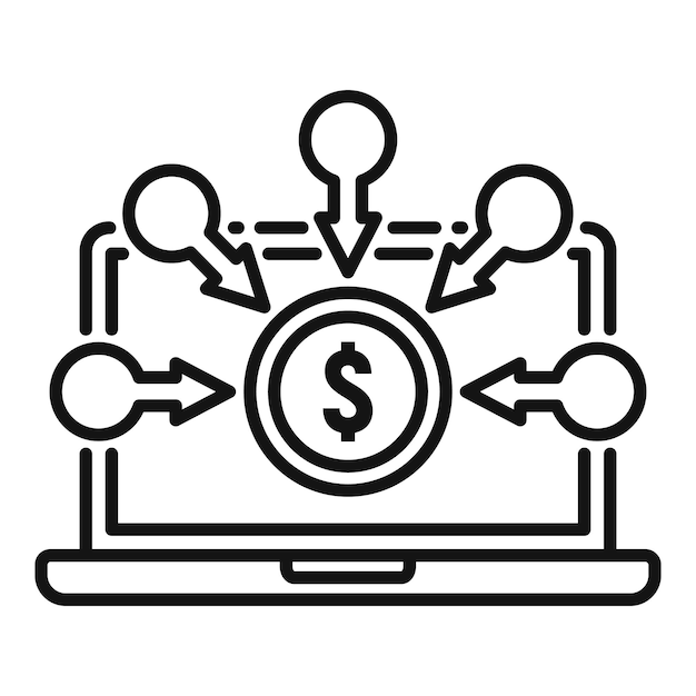 Icono de computadora portátil de crowdfunding Contorno de icono de vector de computadora portátil de crowdfunding para diseño web aislado sobre fondo blanco