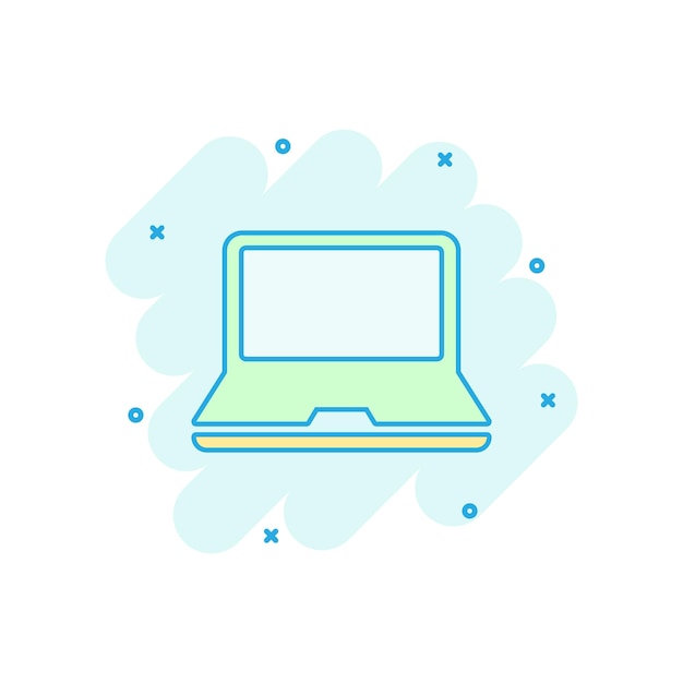 Icono de computadora portátil de dibujos animados de vector en estilo cómico Pictograma de ilustración de signo de cuaderno Concepto de efecto de salpicadura de negocio de PC