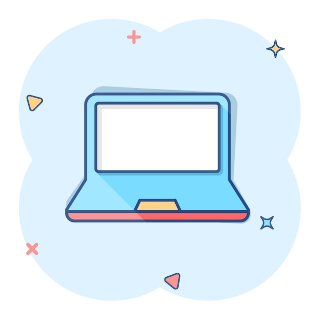 Icono de computadora portátil de dibujos animados de vector en estilo cómico Pictograma de ilustración de signo de cuaderno Concepto de efecto de salpicadura de negocio de PC