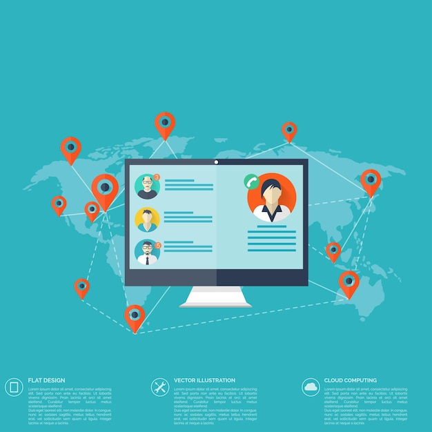 El icono de la computadora portátil es el concepto de red de redes sociales de comunicación global.