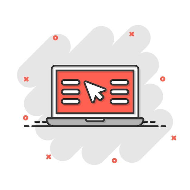 Icono de computadora portátil en estilo cómic Cursor en portátil Ilustración vectorial de dibujos animados en fondo blanco aislado Monitor efecto salpicaduras concepto de negocio