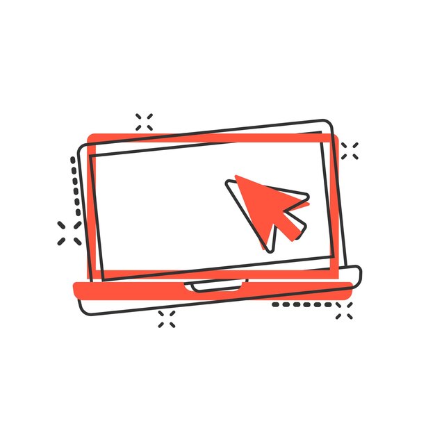 Icono de computadora portátil en estilo cómic Cursor en portátil Ilustración vectorial de dibujos animados en fondo blanco aislado Monitor efecto salpicaduras concepto de negocio