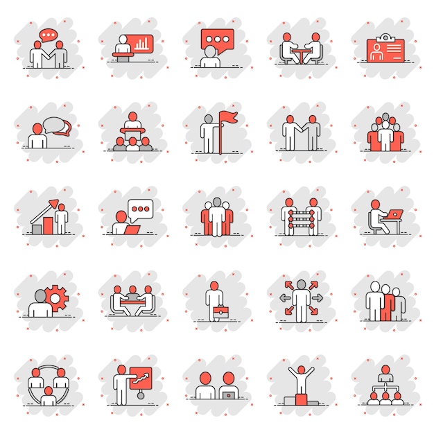 Icono de comunicación empresarial establecido en estilo cómico Ilustración de vector de dibujos animados de estructura de equipo sobre fondo blanco aislado Concepto de negocio de efecto de salpicadura de trabajo en equipo de oficina