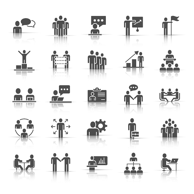 Ícono de comunicación empresarial establecido en estilo plano Ilustración vectorial de la estructura del equipo en un fondo blanco aislado Concepto de negocio de trabajo en equipo de oficina