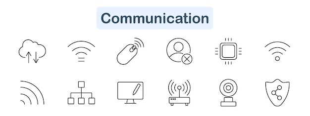 Ícono de comunicación establecido en estilo de arte de línea Nube cargar ratón WiFi usuario webcam router escudo vector arte de línea